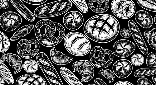 A black and white vector illustration of various types of bread and pastries