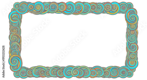 A colorful, swirling border frame with a turquoise and gold design on a white background