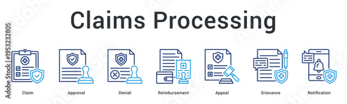 Claims processing banner web icon manages approval, denial and appeal procedures with notification and reimbursement tracking.