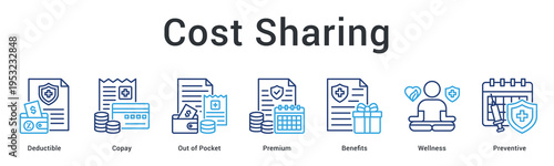 Cost sharing banner web icon explains deductible, copay structures and wellness benefits for preventive healthcare savings.