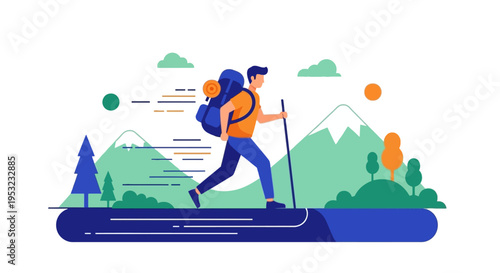 a man hiking with a backpack and trekking pole in a scenic mountain landscape with trees and clouds