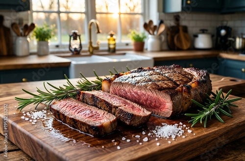 Perfectly Cooked Steak with Rosemary and Sea Salt on Cutting Board