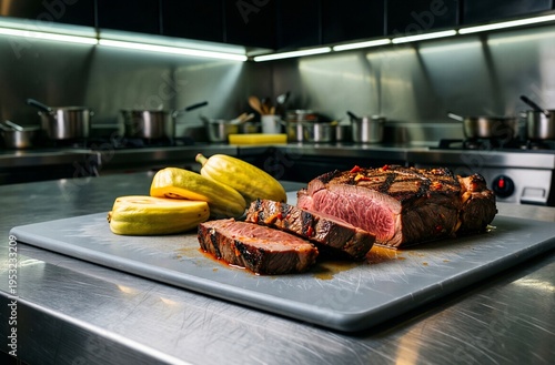 Grilled Steak with Yellow Squash on Cutting Board in Kitchen