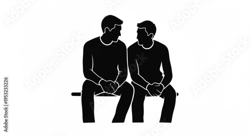 Two men sitting on a bench in silhouette, deep in conversation.