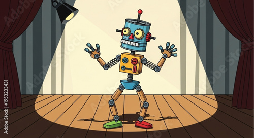 Animated Robot Performer on Stage with Spotlight.
