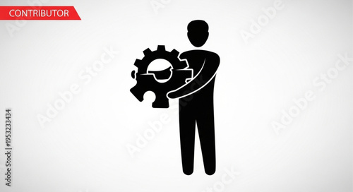 Silhouette of a person holding a gear, representing engineering or mechanics.