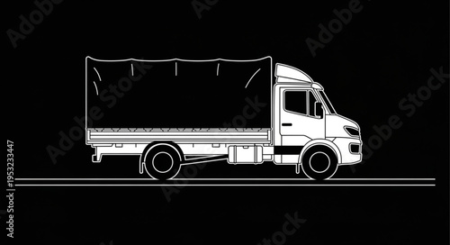 White Line Art Illustration of a Covered Truck on a Road.