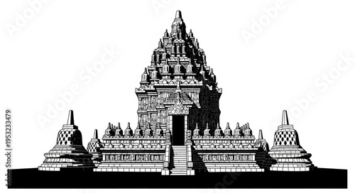 Magnificent Prambanan Temple - A Detailed Black and White Illustration.