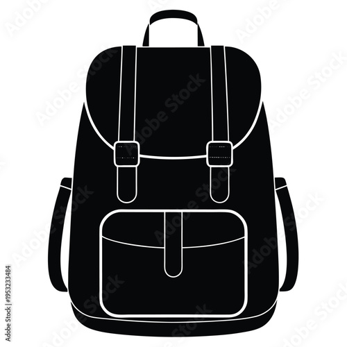 A black and white silhouette of a classic leather backpack with adjustable straps