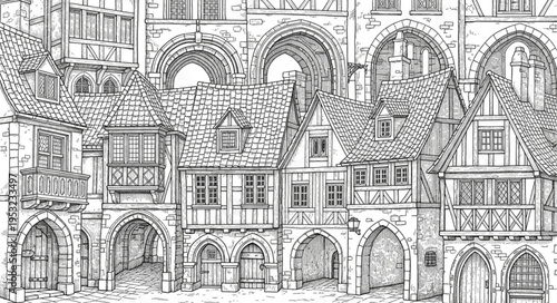 Detailed architectural sketch of historic buildings with arched entrances.