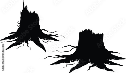 Tree stump roots vector illustration silhouette, old tree base with detailed roots, forest nature design element, ecology and deforestation concept
