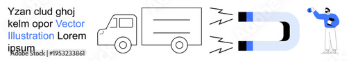 Attraction, transportation, logistics, innovation, business solutions, power demonstration. A large magnet pulls a truck, with a person holding the magnet. Attraction and transportation concept