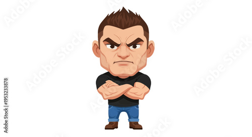 Angry man cartoon vector illustration, crossed arms, flat design, portrait, icon, avatar, emotion