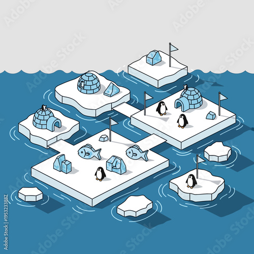Isometric illustration of ice floes with igloos, penguins, fish, and flags in the ocean.
