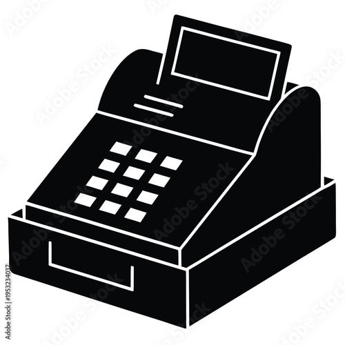 A black and white illustration depicting a vintage cash register with a display screen