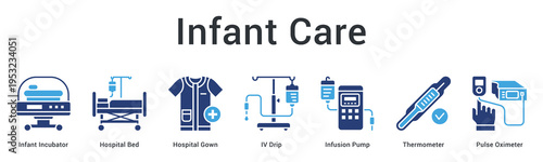 Infant care banner web icon provides specialized neonatal equipment for monitoring and treating newborn patients.