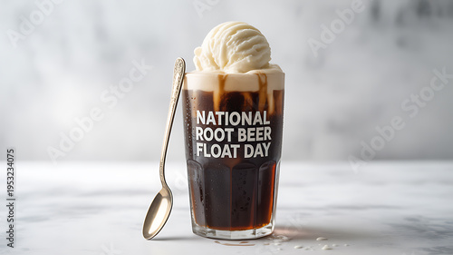 A glass of root beer float with vanilla ice cream and caramel drizzle, labeled 'National Root Beer Float Day', on a marble surface with a spoon beside it.