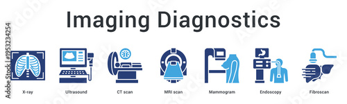 Imaging diagnostics banner web icon utilizes advanced scanning technologies for internal body visualization and detection.