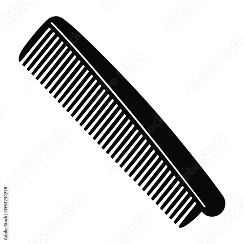 A simple black and white illustration of a hair comb viewed from a slight angle