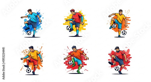 Set of soccer players doing freestyle football tricks
