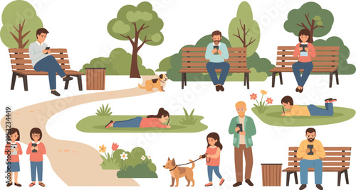 People in public park using smartphones and tablets while relaxing on benches and walking dogs in flat vector illustration collection