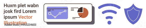 Data security, analytics, internet connection, encrypted communication, financial tracking, protection. Graph and pie chart, wireless signal shield icon. Data security and analytics concept