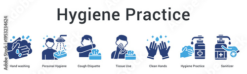 Hygiene practice banner web icon emphasizes proper handwashing and cough etiquette for disease prevention routines.