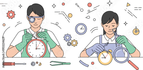 Professional watchmakers repairing vintage clocks and mechanical watches with precision tools gears and magnifying glass vector illustration collection