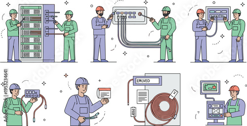 Electrical technicians and engineers working on server racks power control panels and cable wiring for industrial data center maintenance vector