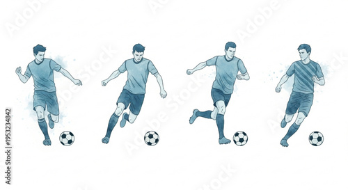 Blue Watercolor Soccer Player Poses Collection