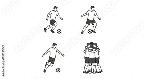 Soccer Player Action and Team Celebration Line Art Set