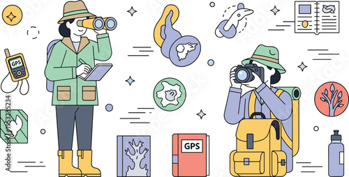Traveler and scientist characters exploring nature with binoculars camera gps device and backpack for hiking adventure and research vector