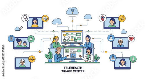 Illustration of a telehealth triage center with medical professionals connecting with patients remotely via video calls on screens, symbolizing digital healthcare and remote patient monitoring.