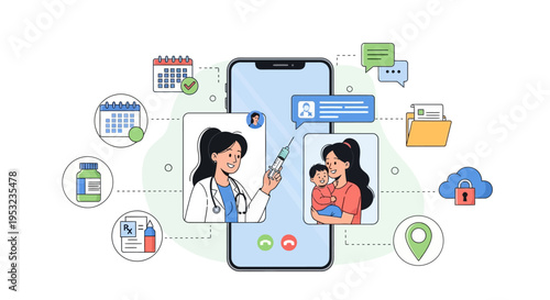 Illustration of a doctor conducting a telehealth consultation with a mother and child via a smartphone, surrounded by medical icons.