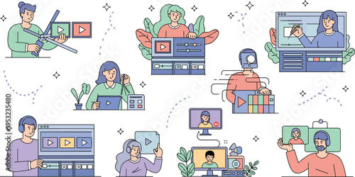 Video editing software concept with characters using timeline tools digital interface social media content creation and movie production vector