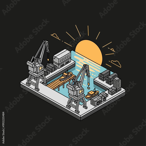 Isometric illustration of a harbor with cranes, ships, buildings, and a rising sun.