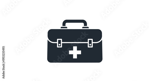 A dark blue first aid kit with a white cross symbol on a white background, representing medical emergency supplies.
