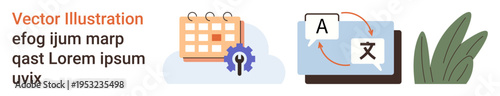 Productivity tools, language translation, teamwork, nature, digital planning, workflow. Calendar and gear, translation icon plants. Productivity tools and language translation concept