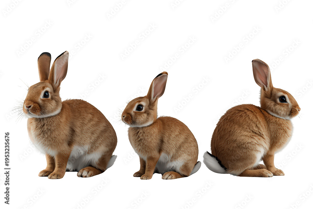 Fototapeta premium Three brown rabbits sitting together looking around transparent background for spring, easter, pet, or wildlife concepts