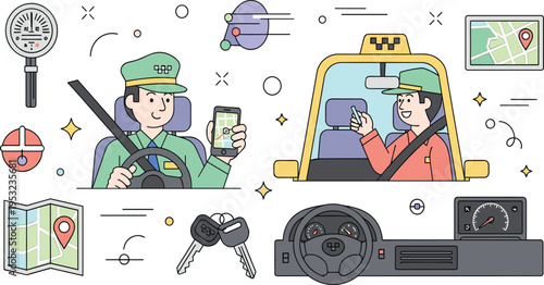 Professional taxi driver using mobile navigation app for city transportation with car dashboard keys and gps map vector illustration