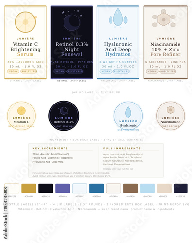 Nine-piece luxury skincare set — four tall bottle labels (2"×4"), four round jar lid labels (2.5"), and one universal ingredients/box back label. Each product has its own colour world and botanical