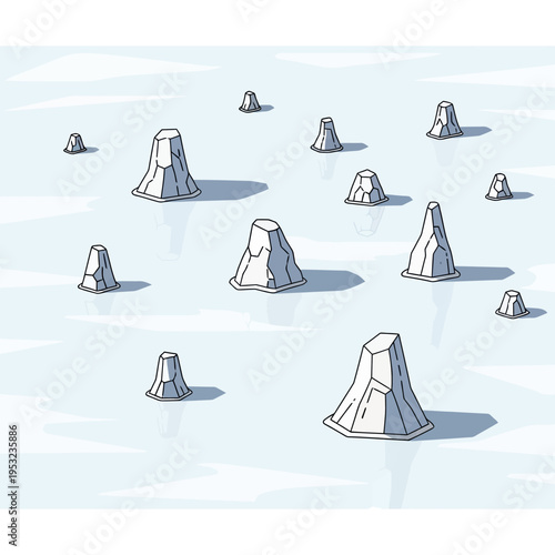 An illustrated scene featuring numerous small, cone-shaped ice formations scattered across a flat, icy expanse.