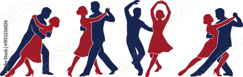 Stylish dancing couples silhouettes, ballroom and social dance poses, red and blue figures, romance and elegance concept, graceful movement illustration for performance