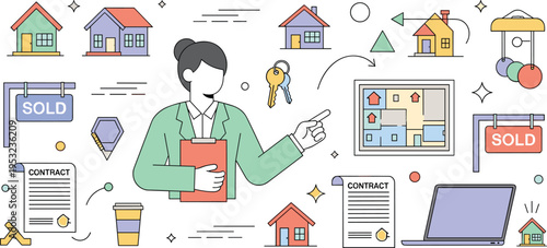 Professional female real estate agent showing property market options with houses keys sold signs and legal sales contracts vector illustration