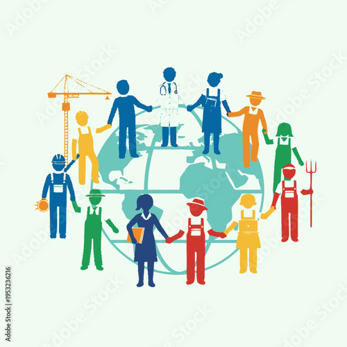 Diverse group of people representing various professions around the globe.