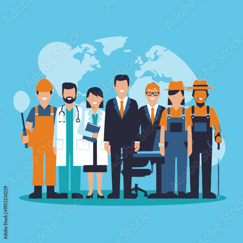 Diverse group of professionals standing together representing various careers.