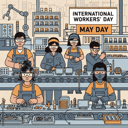 Diverse group of workers collaborating on an assembly line.