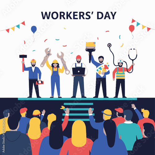 Diverse group of workers celebrating Workers Day with tools and symbols of their professions.