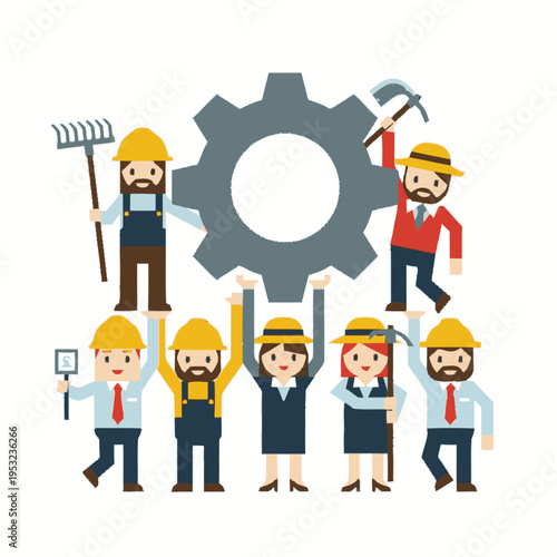 Diverse group of workers holding a large gear together.