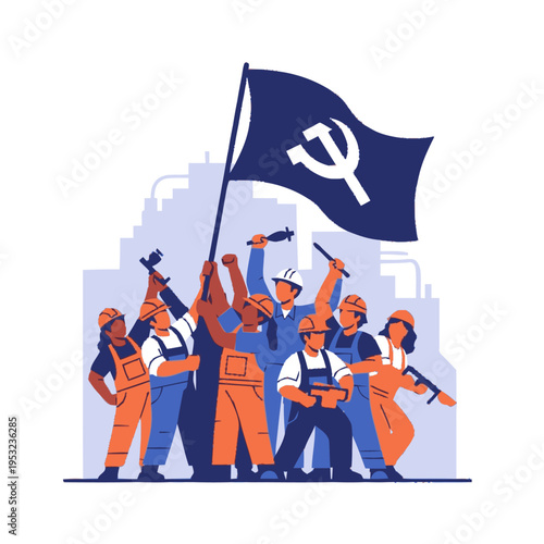 Diverse group of workers raising hammer and sickle flag.
